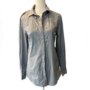 Jones New York Blue Blouse‎ With Pearl Accents Button Down Size Small NWT